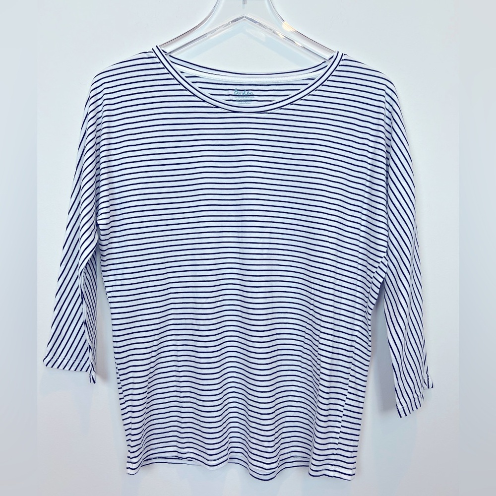 Boden Striped Supersoft 3/4 Sleeve Top Sz 2. White with Navy Stripe